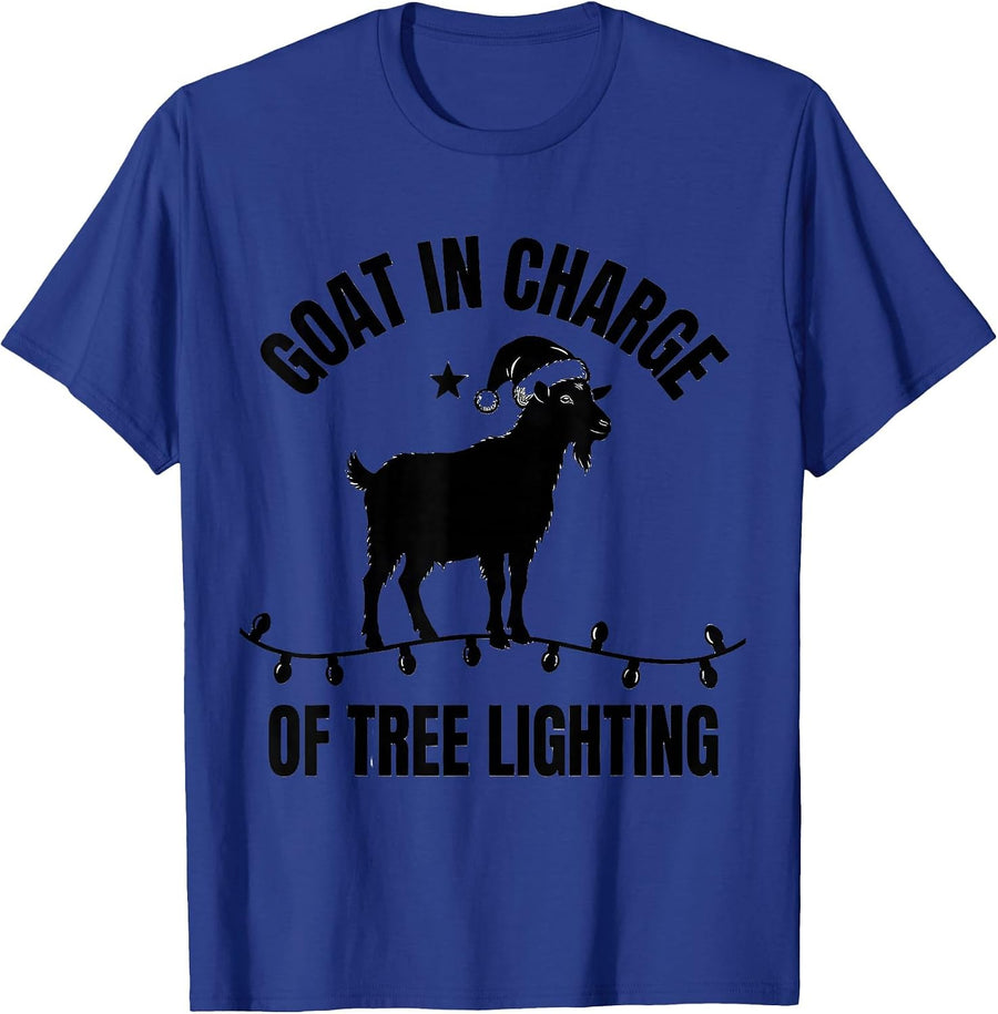 Goat In Charge Of Tree Lighting Funny Animal Christmas T-Shirt - Royal Blue