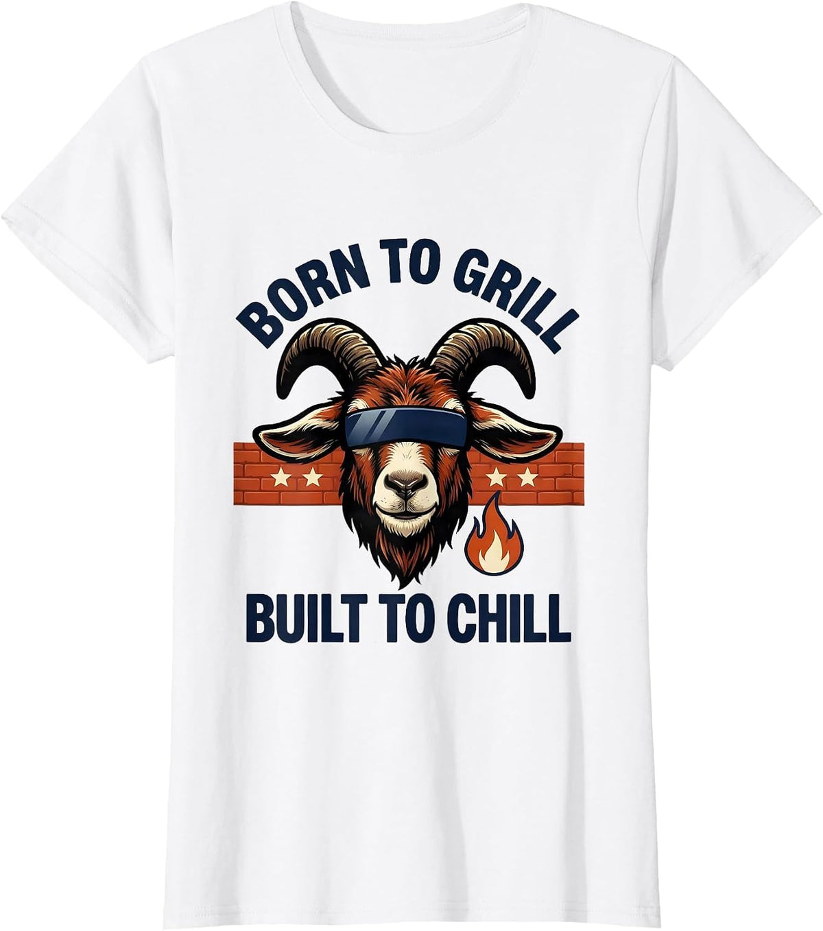Women's Born To Grill, Built To Chill Funny Goat with Sunglasses T-Shirt - White