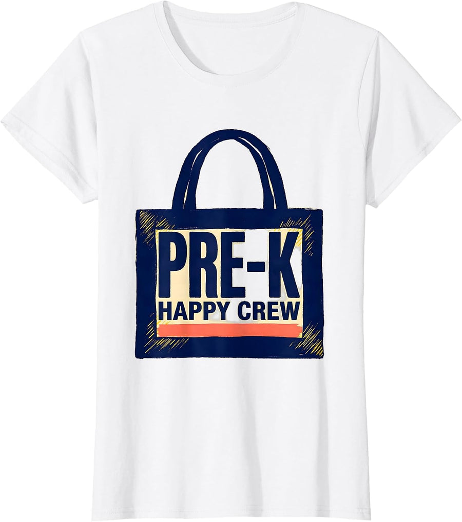Women's Pre-K Happy Crew Linocut Preschool Teacher First Day T-Shirt - White