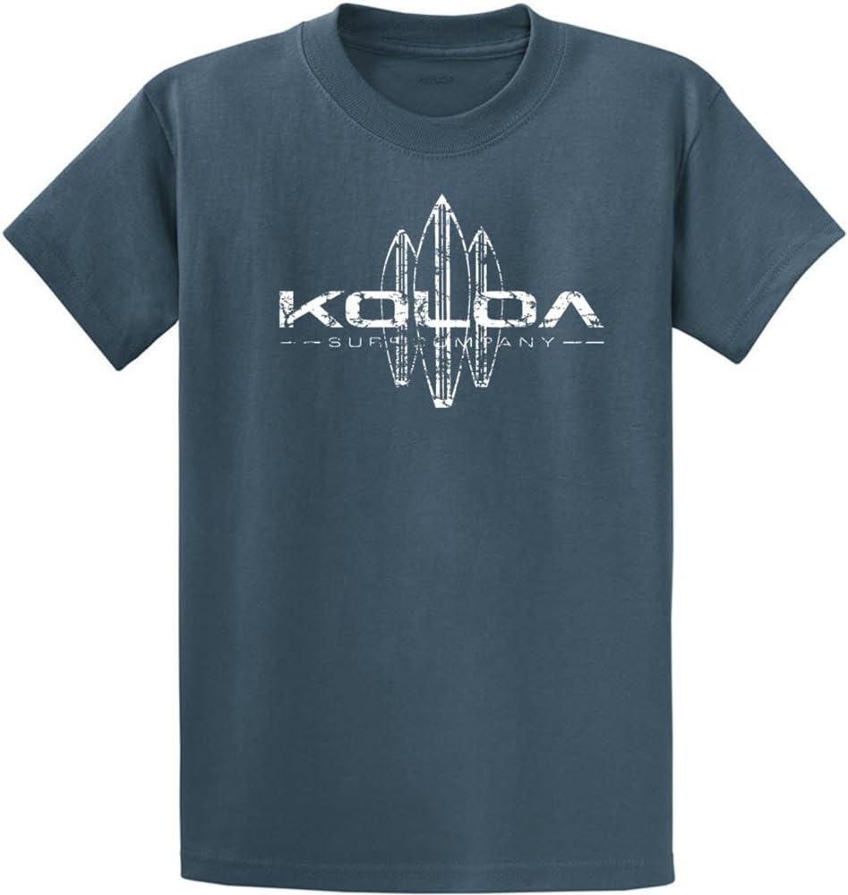 Koloa Surf Mens Graphic Heavyweight Cotton Tees in Reg Big and Tall - Steel Blue With White Vintage Surfboards Design