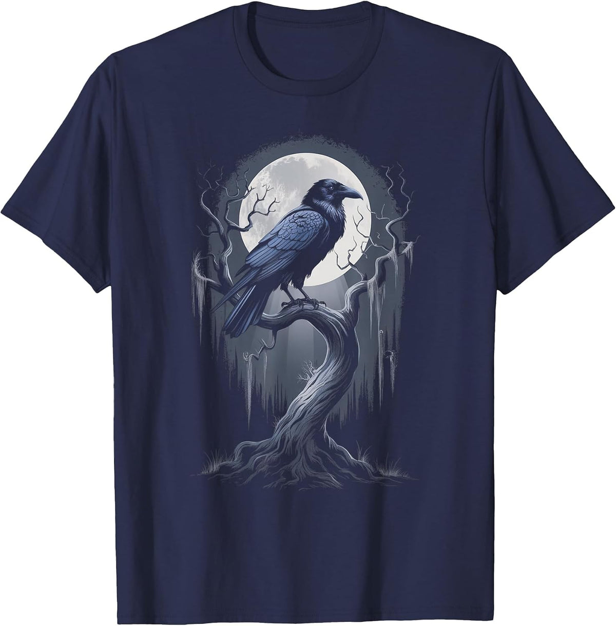 Black Crow Raven Bird Moon Forest T-Shirt - Navy Blue