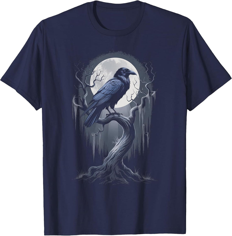 Black Crow Raven Bird Moon Forest T-Shirt - Navy Blue