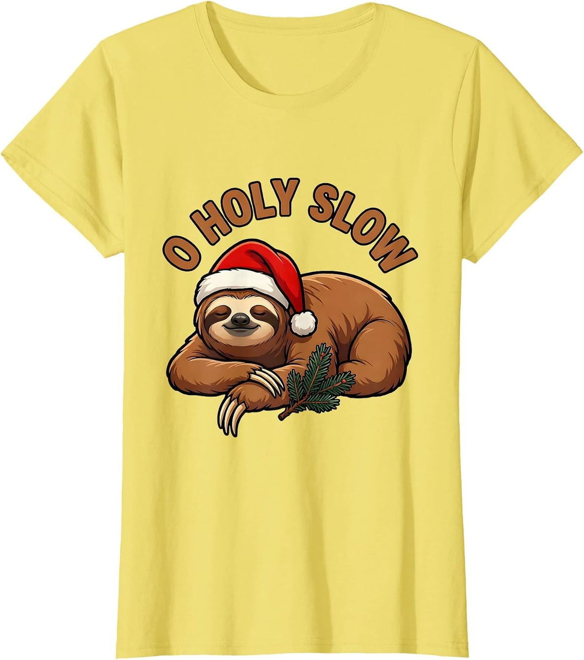 Women's O Holy Slow Funny Sloth Lover Christmas Ugly Sweater Humor T-Shirt - Lemon Yellow