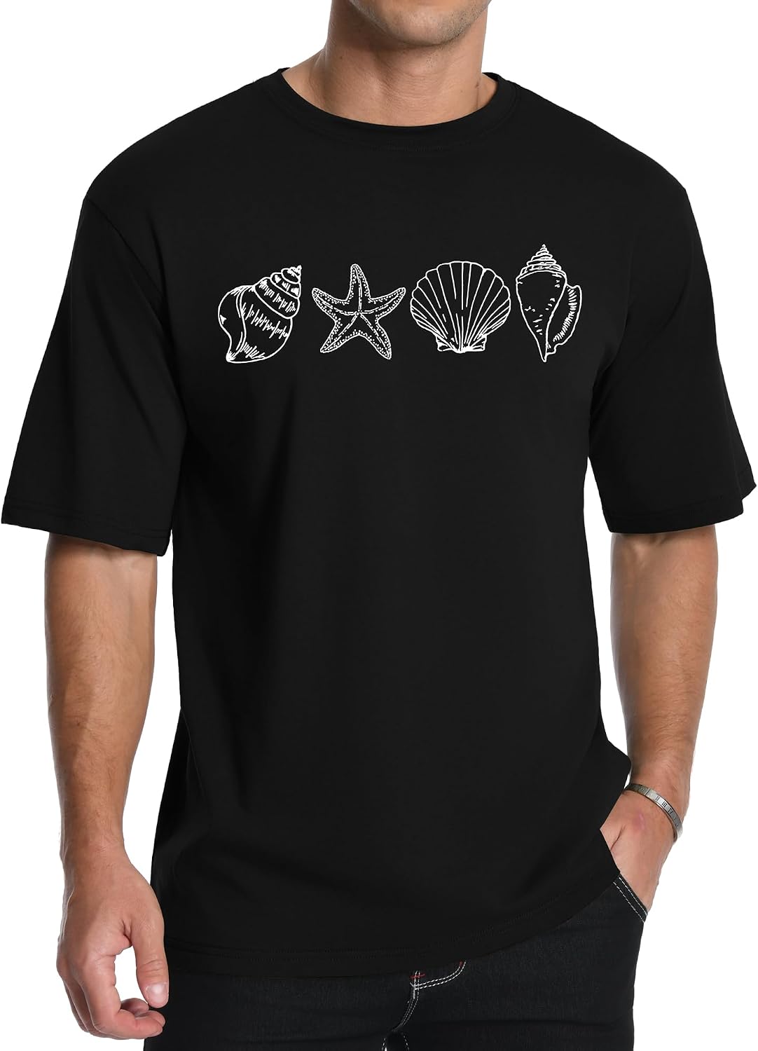 Aiyino Men's Seashell Beach Starfish Coastal 100% Cotton Graphic Tee - Black