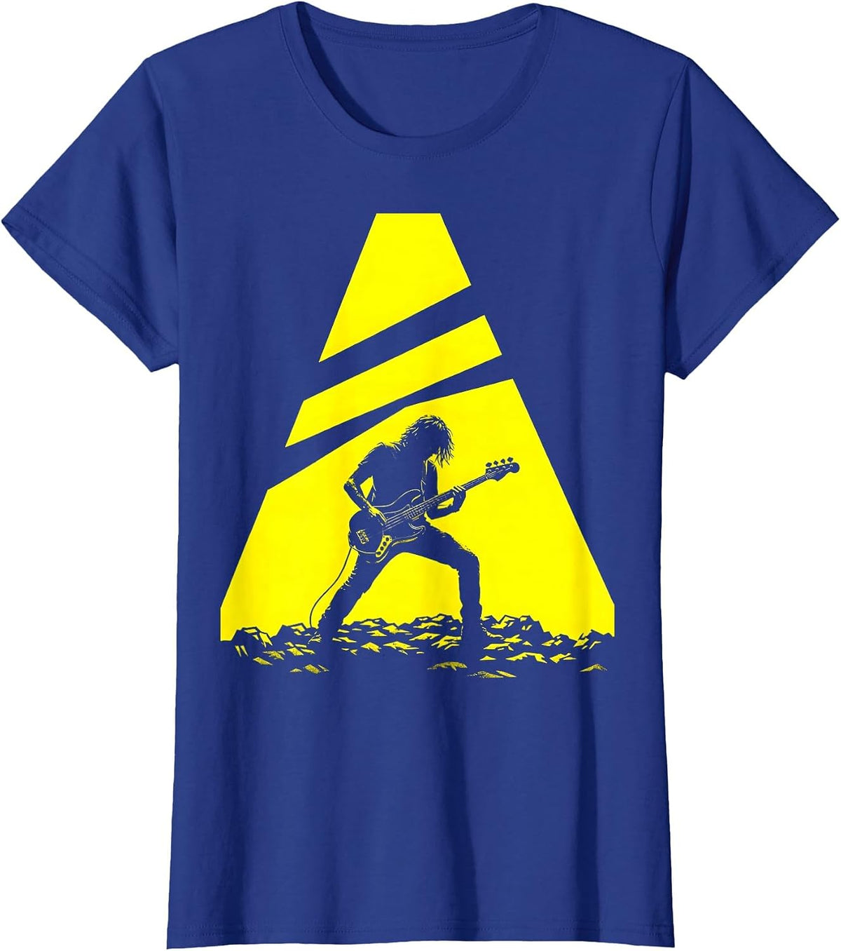 Women's 90s Bassist Spotlight Silhouette Rock Music Design T-Shirt - Royal Blue
