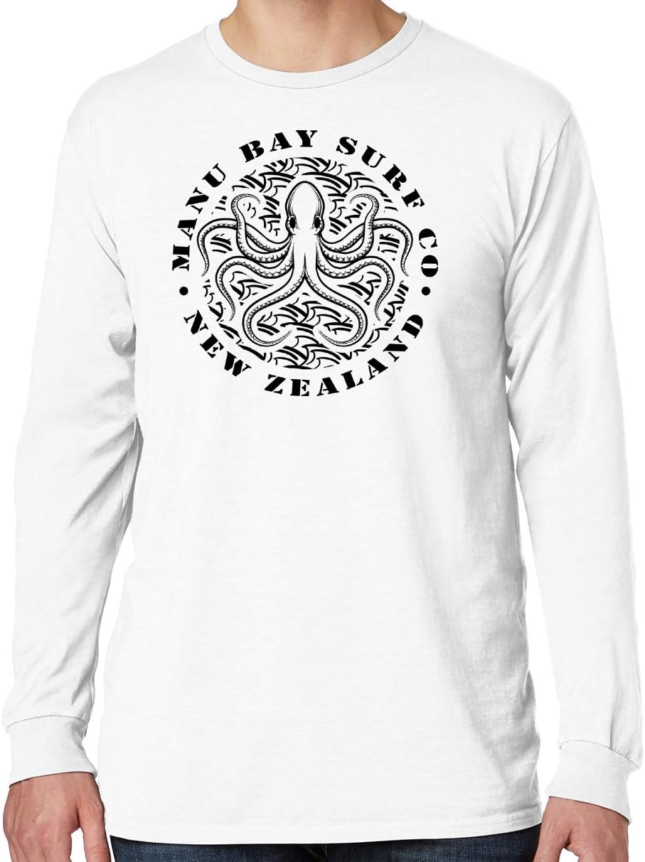 Mens Manu Bay Surf Company OCTOPUS Cotton Long Sleeve Pastel Tee Shirt - White