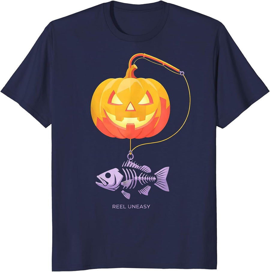 Reel Uneasy Flat Vector Spooky Halloween Fishing Gift T-Shirt - Navy Blue