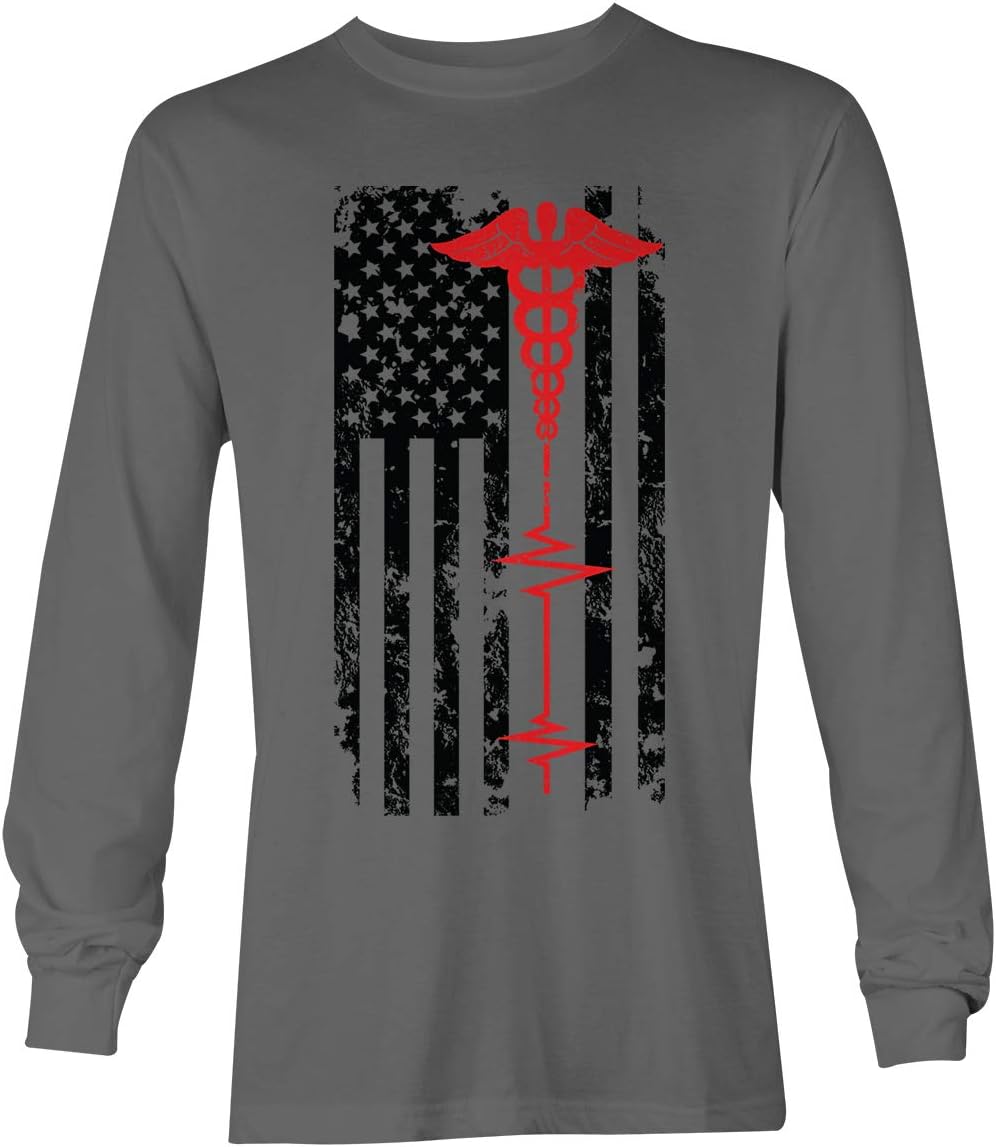 EMT Paramedic USA Flag - Red Line Support Unisex Long Sleeve Shirt - Charcoal