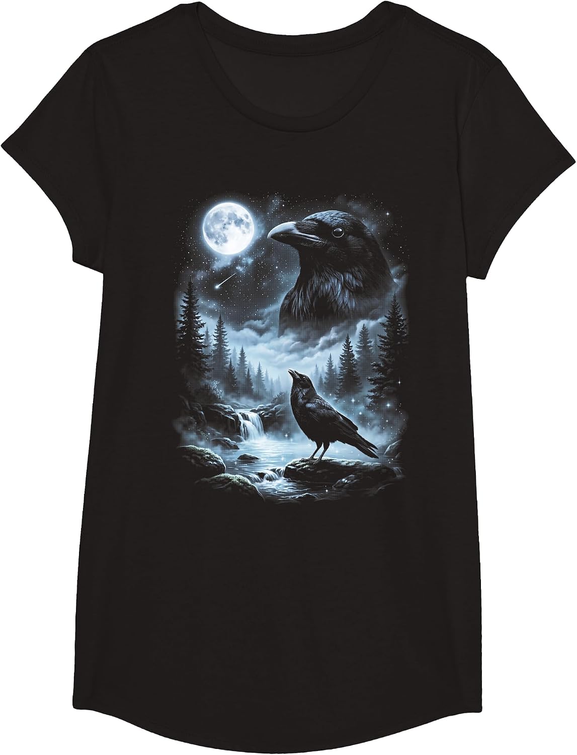 Crow Howling at Moon 90's Retro Birdwatcher T-Shirt - Girls Black