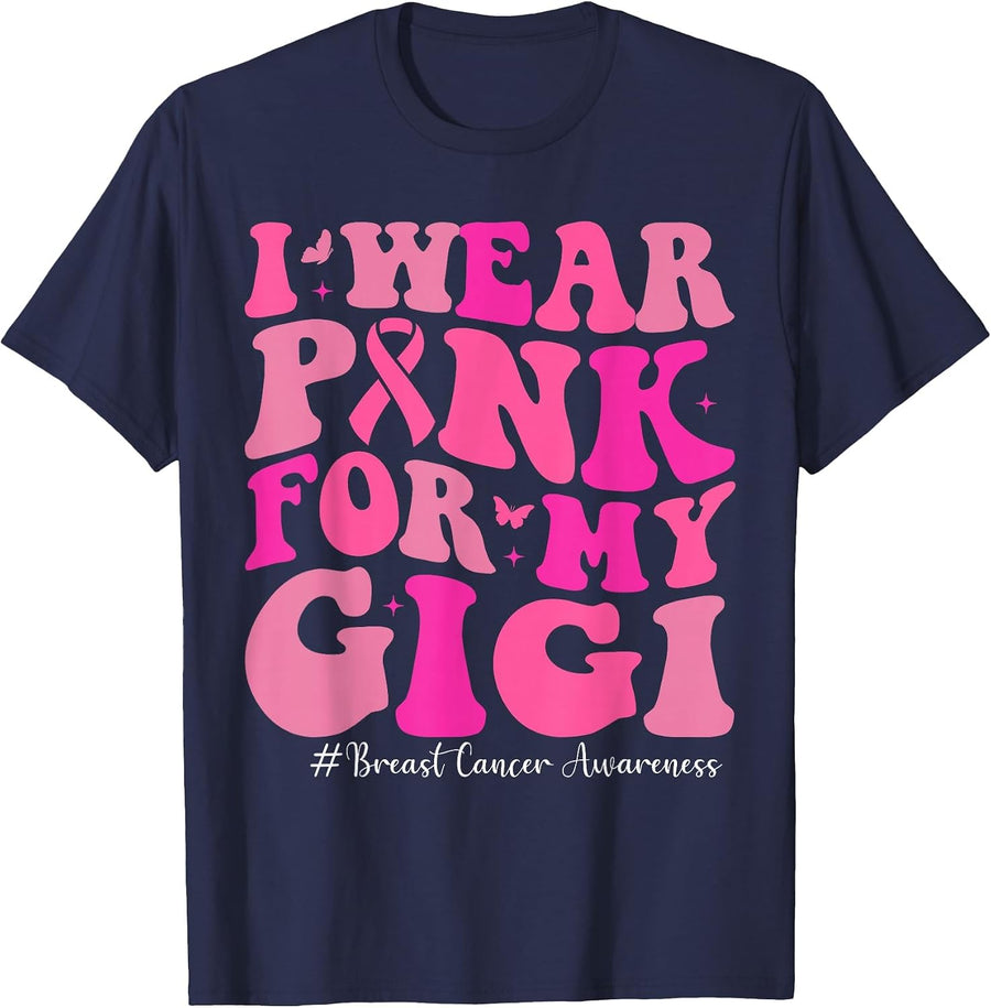 I Wear Pink for My Gigi Breast Cancer Awareness Family T-Shirt - Navy Blue