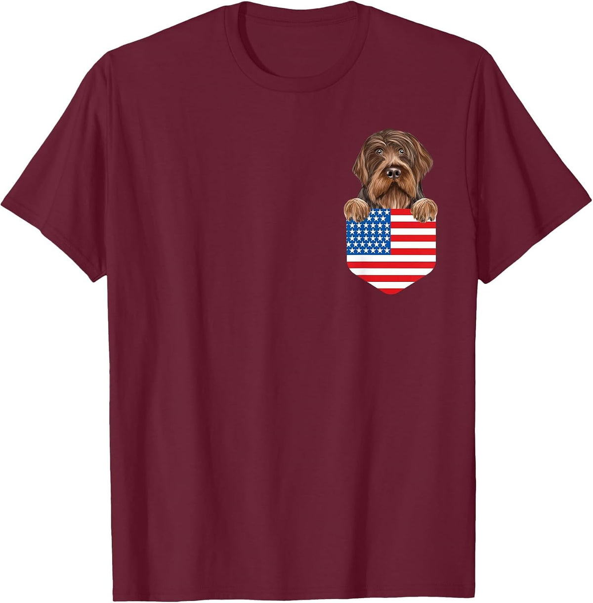 America Flag Wirehaired Pointing Griffon Dog in Pocket T-Shirt - Burgundy