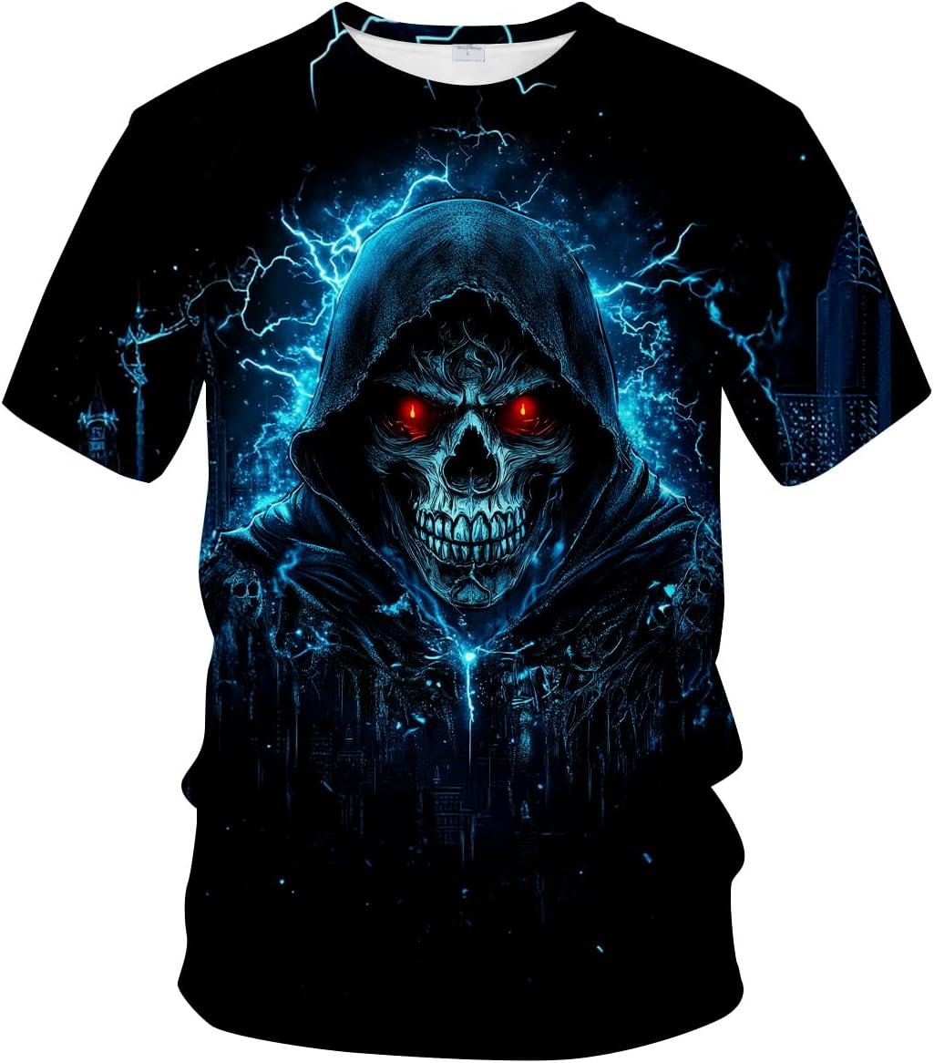 Novelty Men's Gothic Skull T-Shirt Dark Fantasy Graphic Tee Shirt - Blue Black