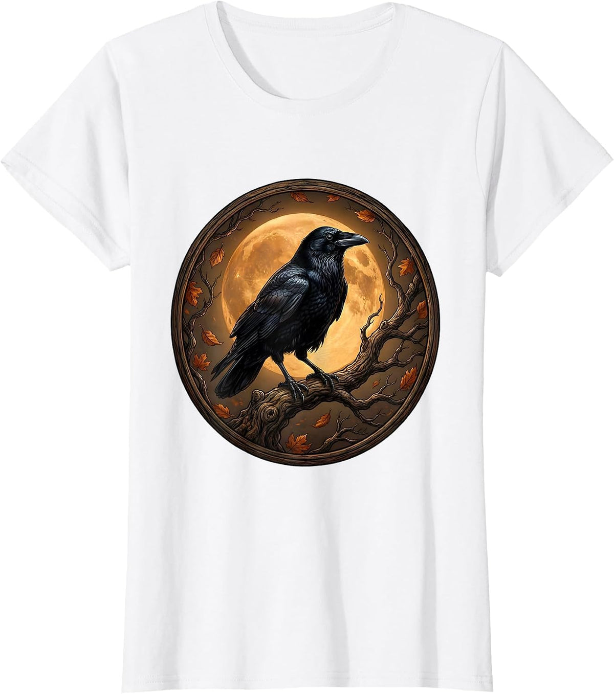 Women's Crow on Bare Branch Autumn Fall Illustration T-Shirt - White