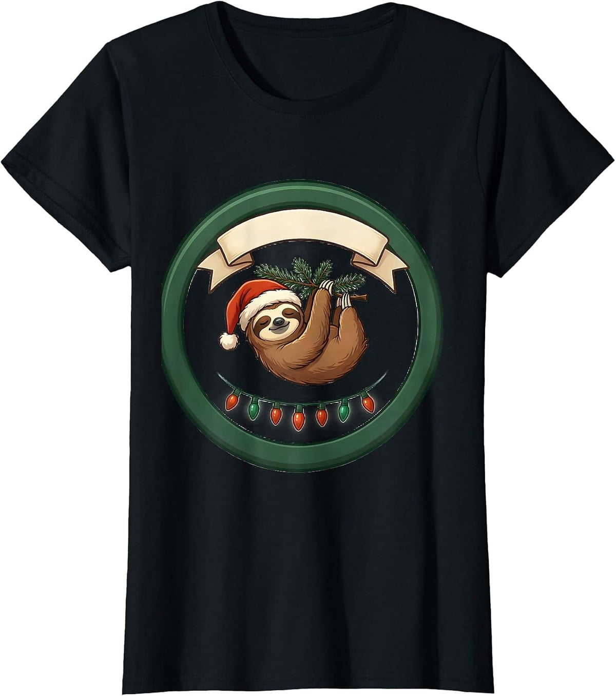 Sloth Santa Hat Christmas Lights Funny Holiday Pajama T-Shirt - Black