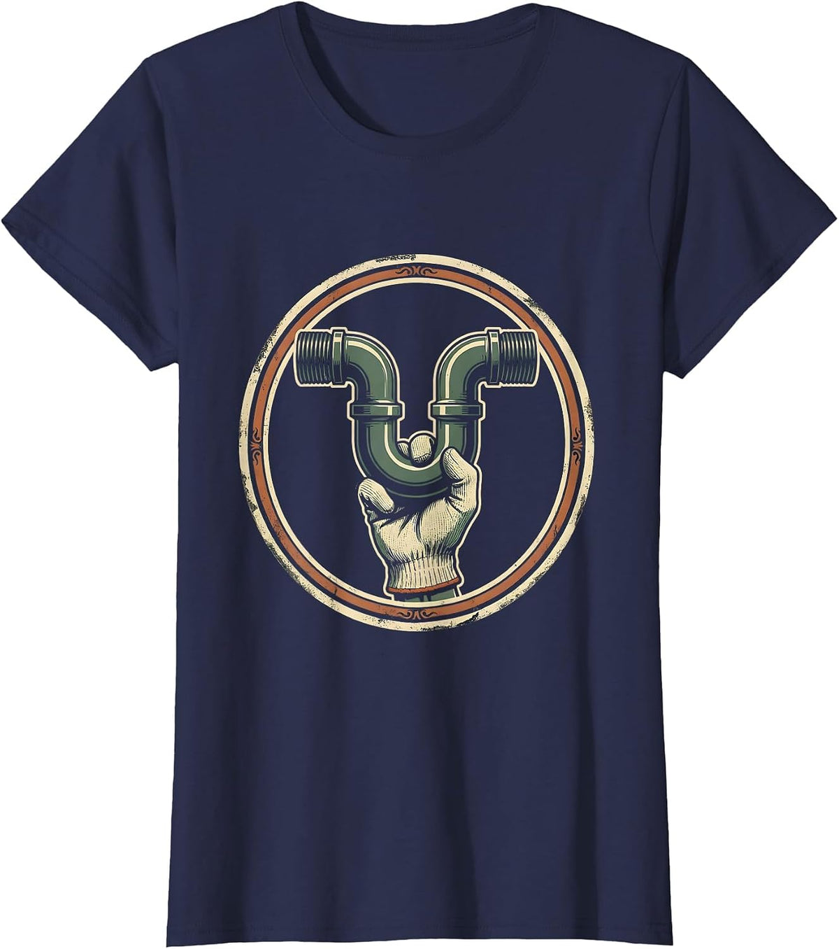 Women's Sealed Trap Badge Vintage Plumber Pipefitter Humor T-Shirt - Navy Blue