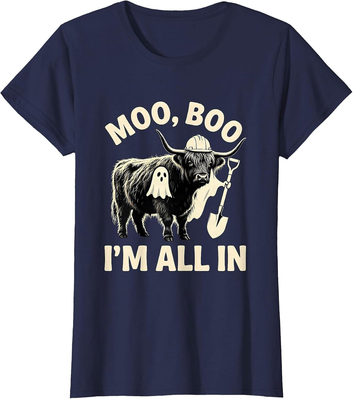 Women's Moo, Boo, I'm All In Funny Highland Cow Ghost Costume T-Shirt - Navy Blue