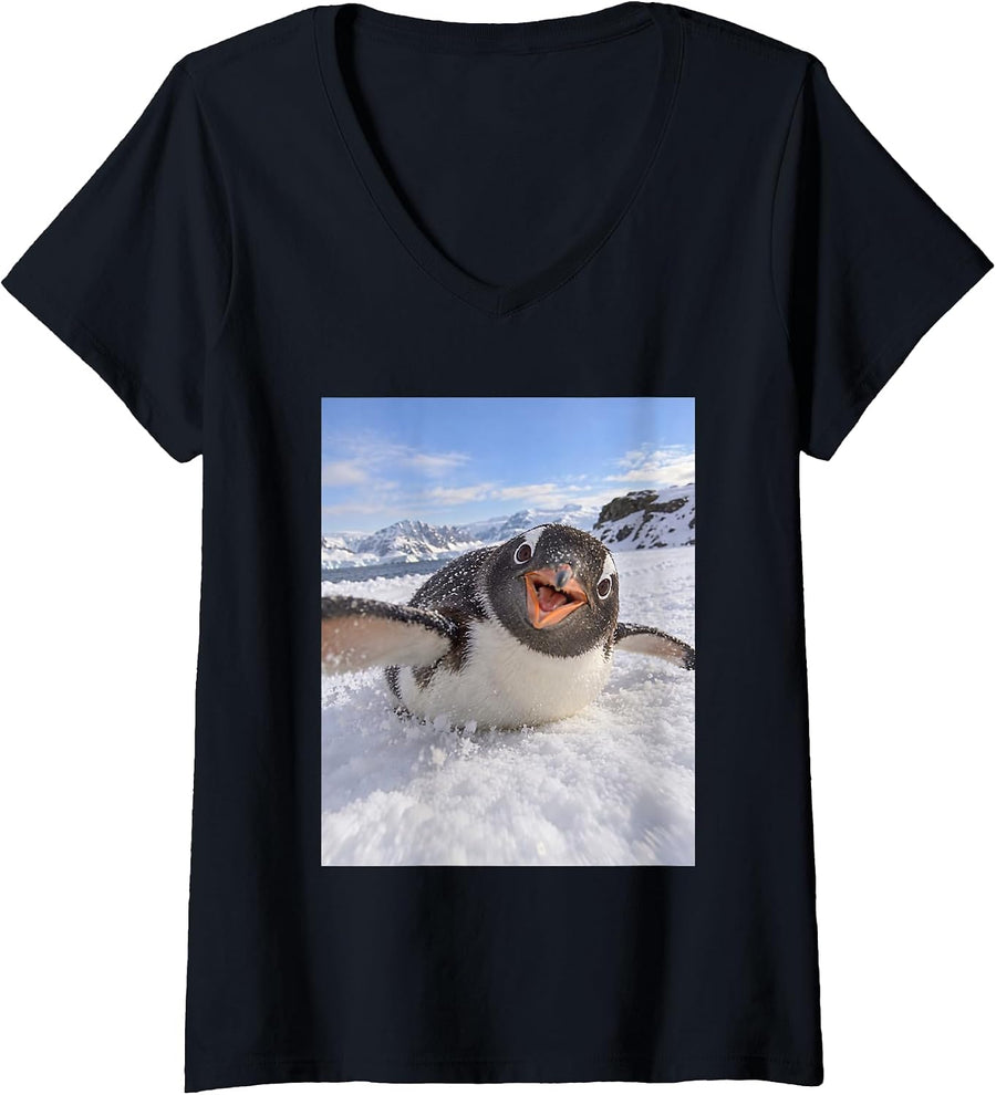 Women's Funny Penguin Slipping Silly Antarctic Bird Meme V-Neck T-Shirt - As Pictured
