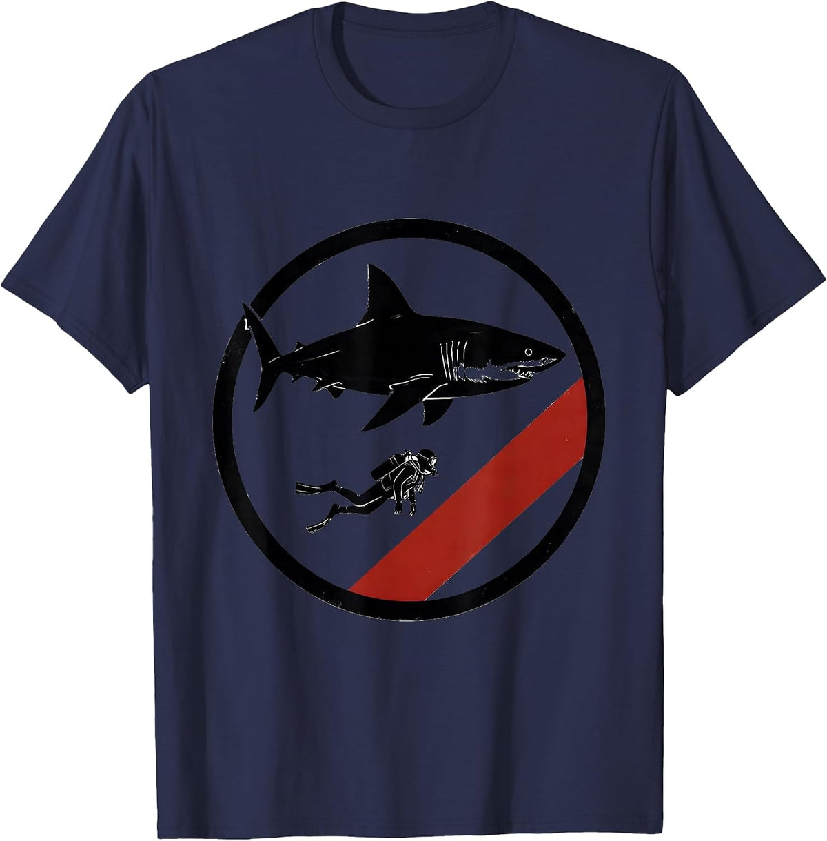 Shark Diver Shield Scuba Flag Stencil Graphic T-Shirt - Navy Blue