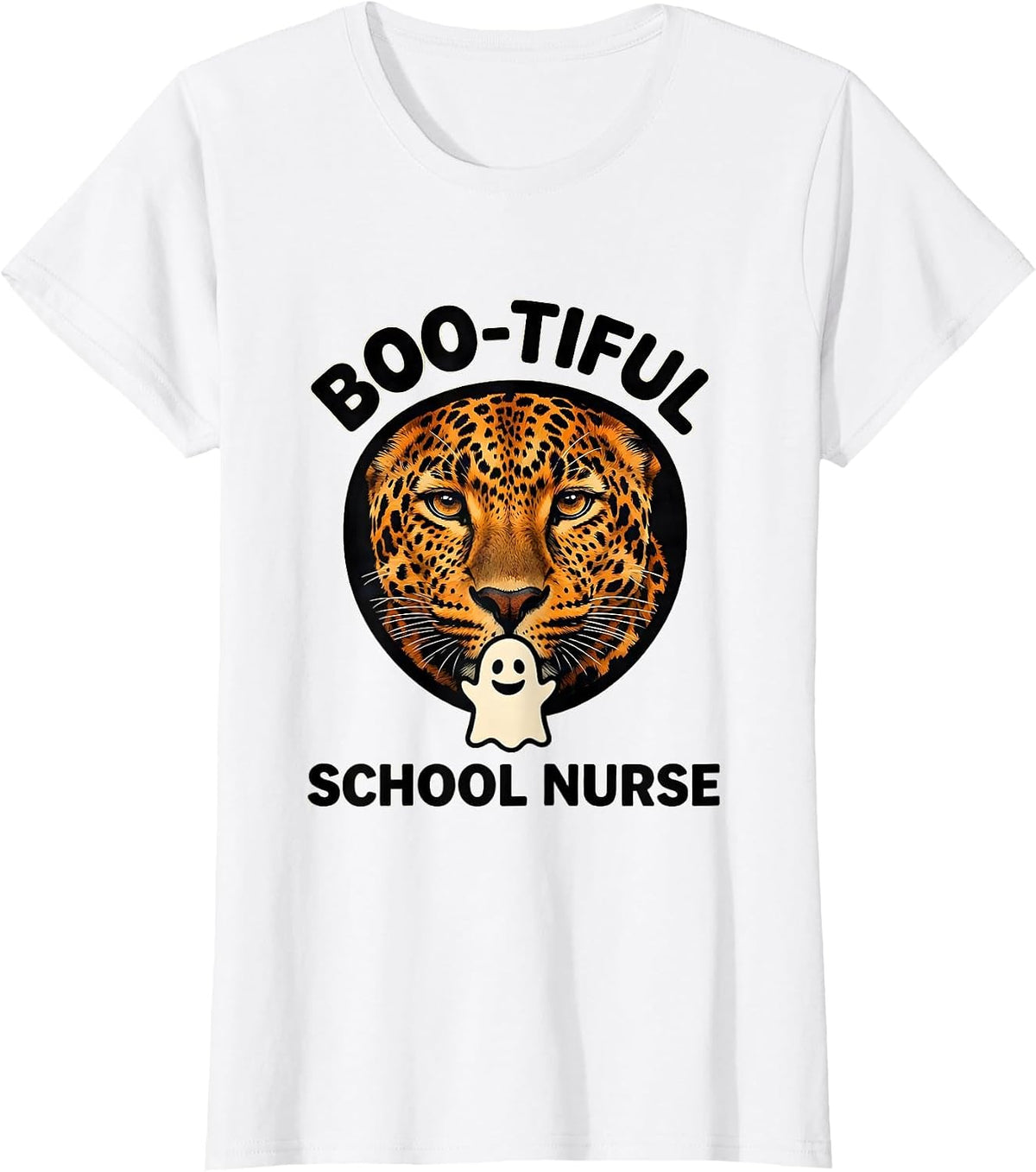 Boo-tiful School Nurse Funny Leopard Halloween Costume T-Shirt - White