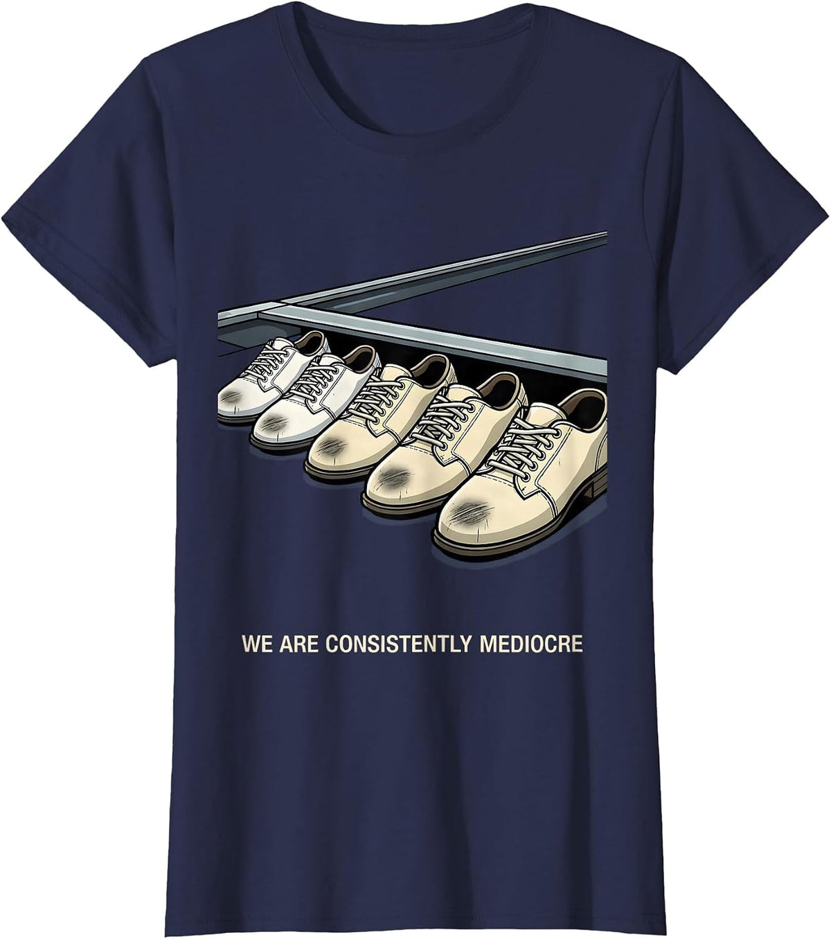 Women's We Are Consistently Mediocre Funny Cartoon Bowling Hobbyist T-Shirt - Navy Blue