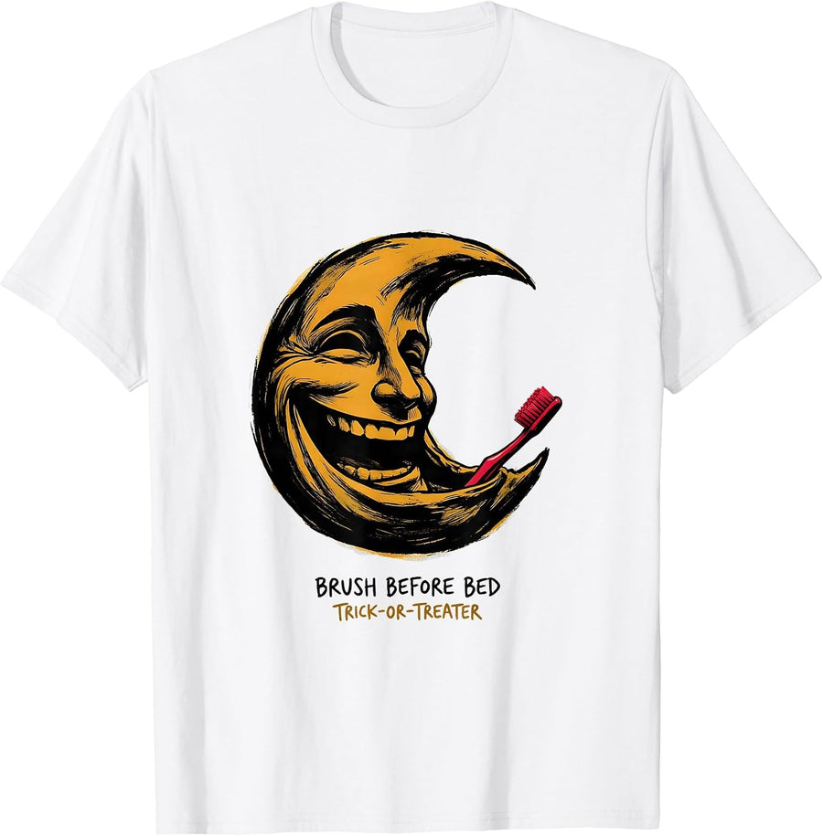 Men's Brush Before Bed, Trick-or-Treater Funny Dentist Halloween T-Shirt - White