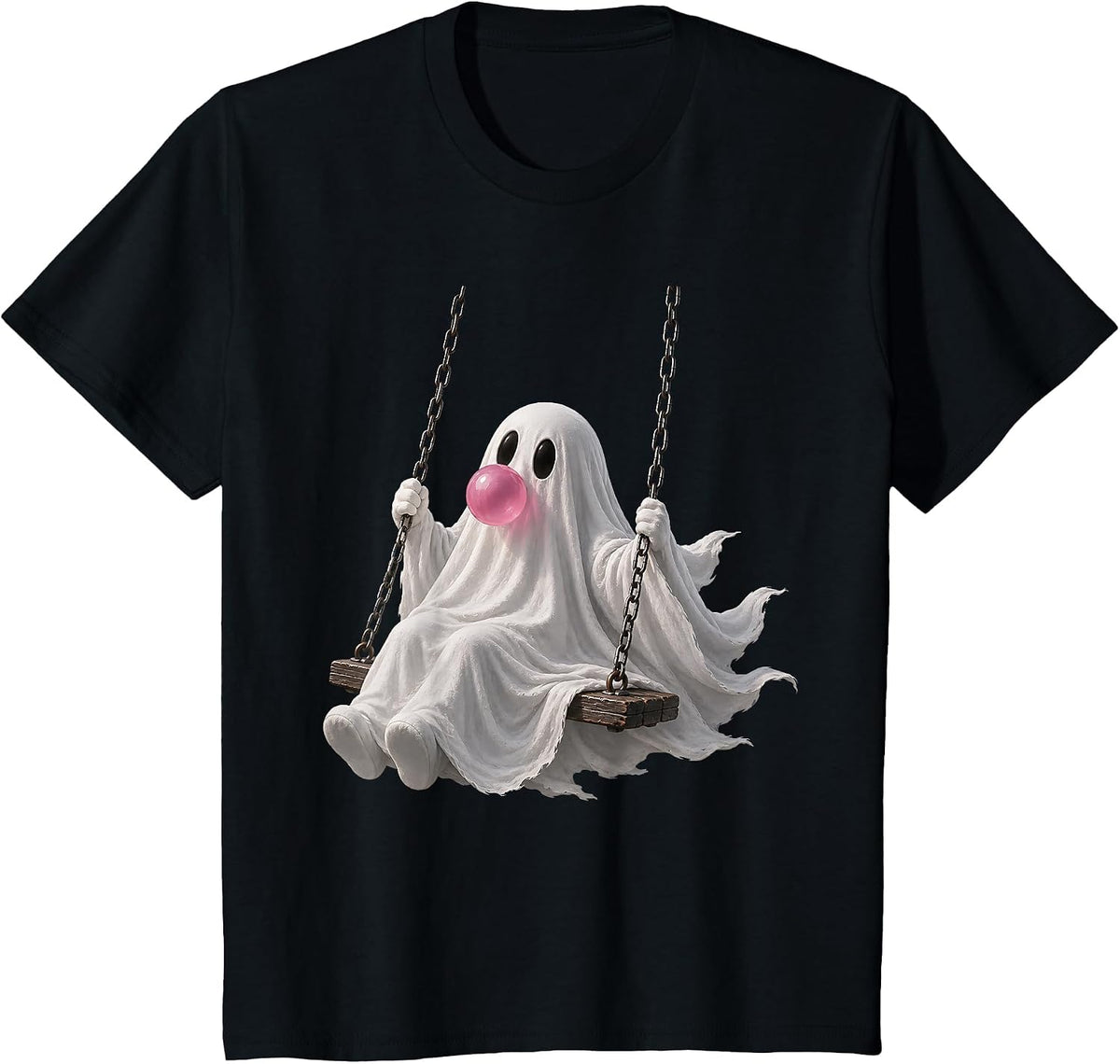 Ghost on Swing Blowing Bubble Gum Spooky Halloween Girly T-Shirt - Black