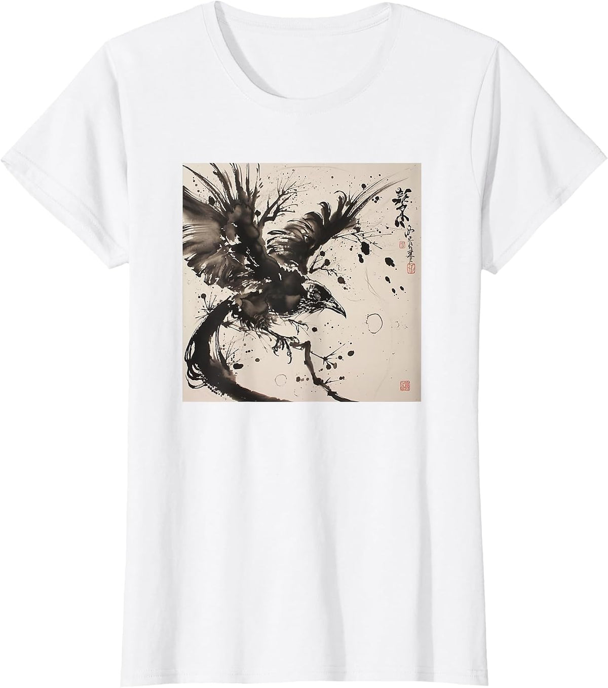 Japanese Ink Art Crow- Raven Ink Art Graphic T-Shirt - White