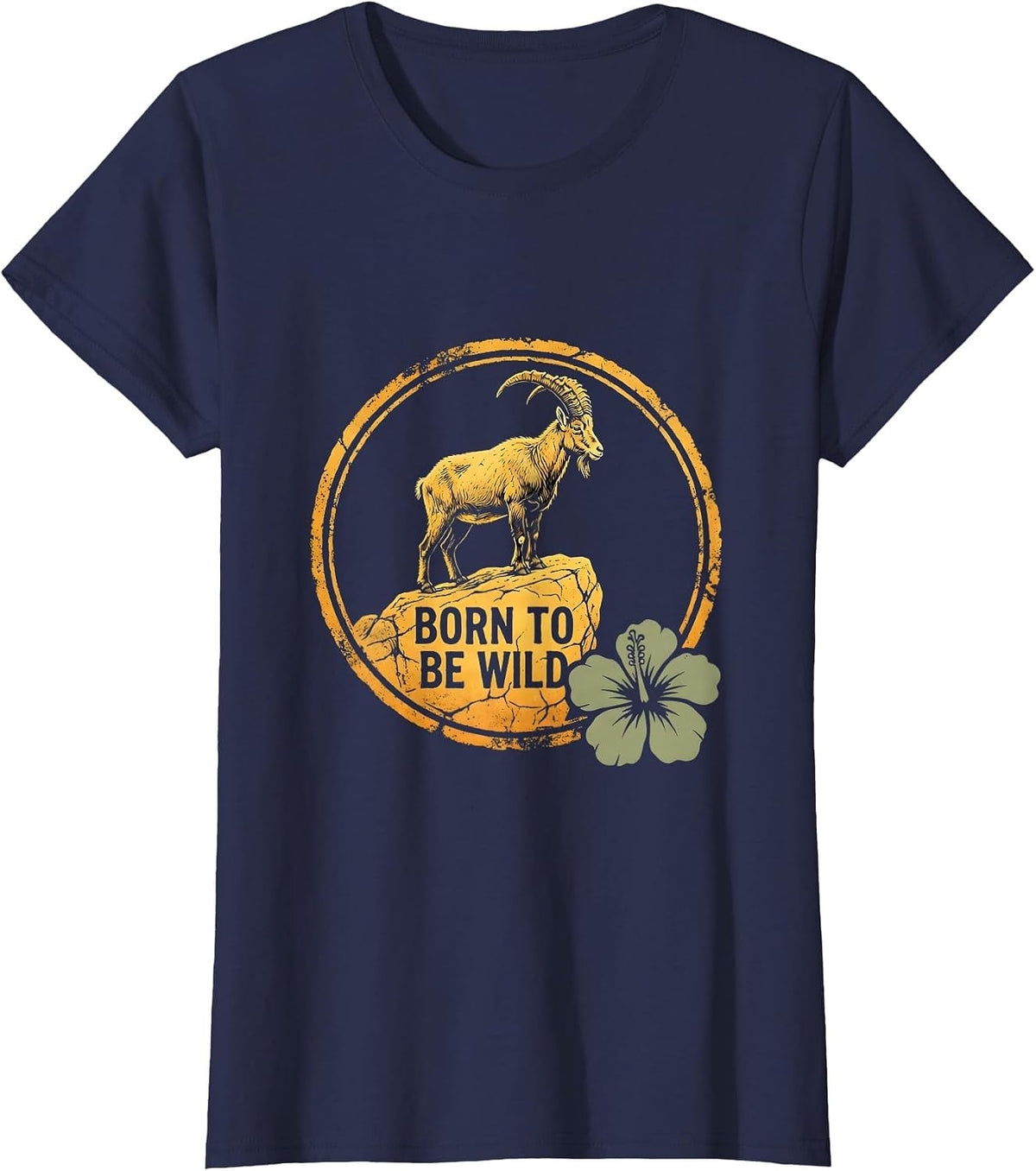 Women's Born to Be Wild Goat Graphic Design T-Shirt - Navy Blue
