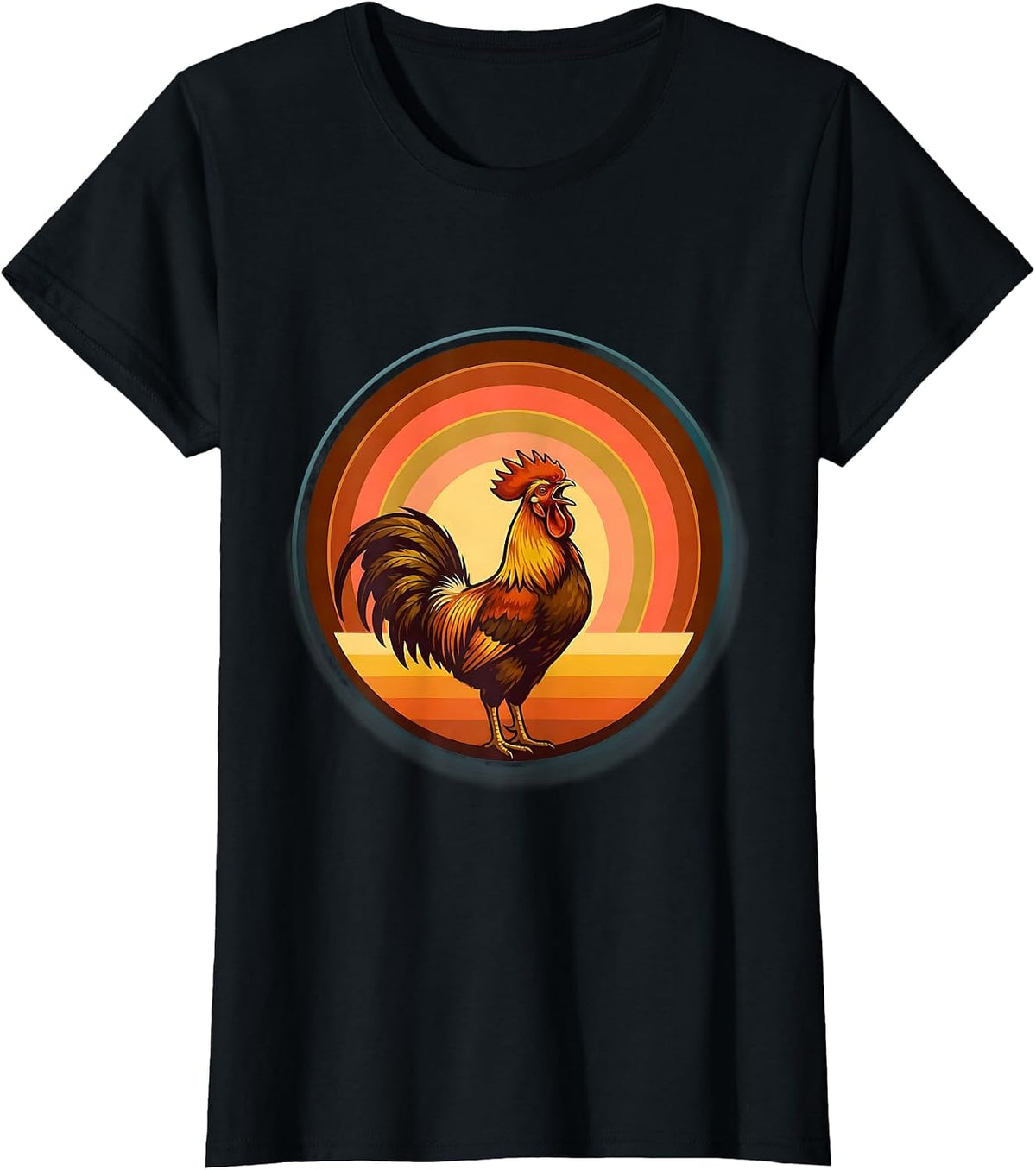 Women's Rooster Crowing at Late Sunrise Graphic Design T-Shirt - Black