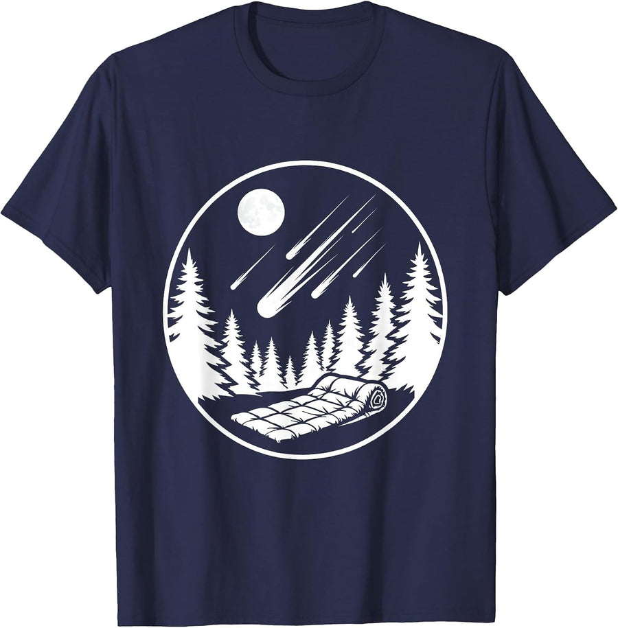 Sleeping Bag Meteor Shower Camping Night Sky T-Shirt - Navy Blue