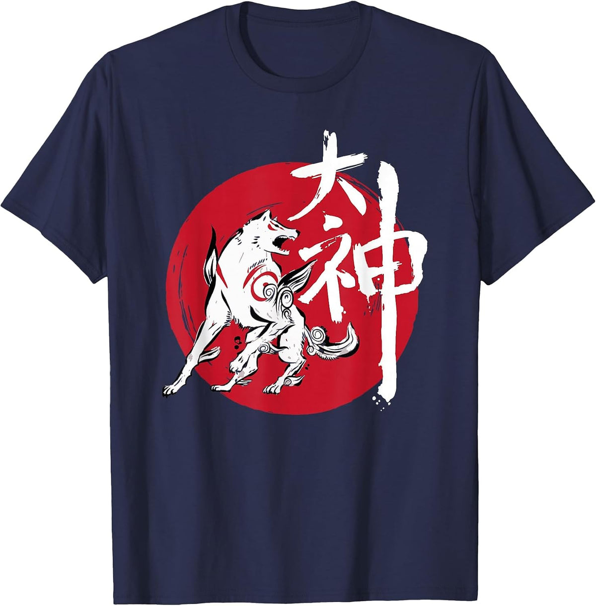 Okami Amaterasu Sun God Wolf The Great Wave Video Game T-Shirt - Navy Blue