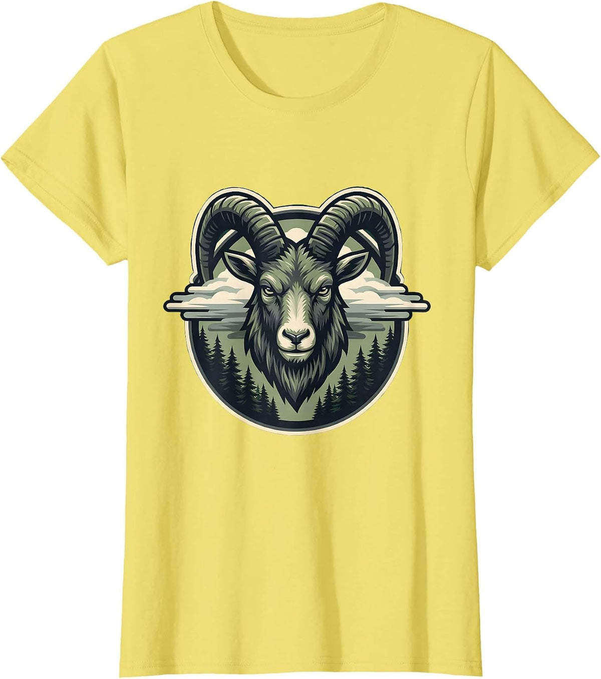Goat Head Emerging From Forest Fog Illustration T-Shirt - Lemon Yellow