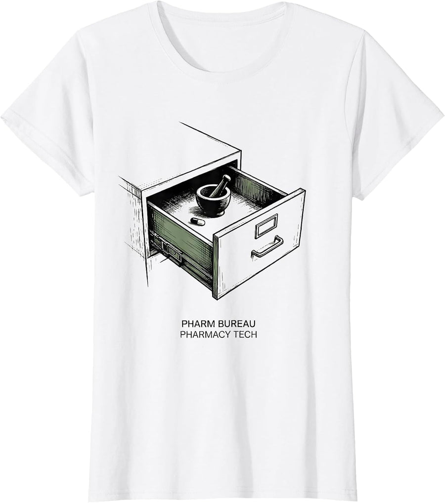 Women's Pharm Bureau Pharmacy Tech Funny Pharmacy Tech Crew Gift T-Shirt - White