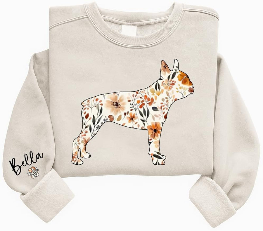 Personalized Floral Dogs Sweatshirt for Women, Custom Pet Name on Sleeve, Dog Lover Crewneck, Dog Mom Gifts - Boston Terrier