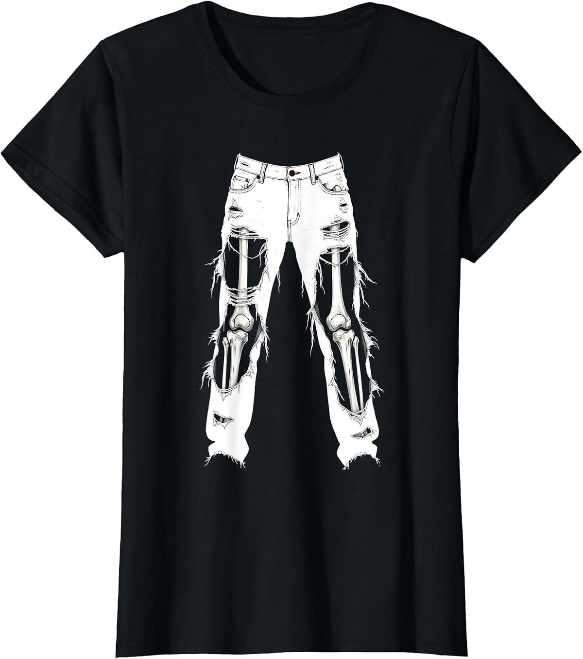 Grunge Ripped Jeans Exposed Bones Illustration T-Shirt - Black