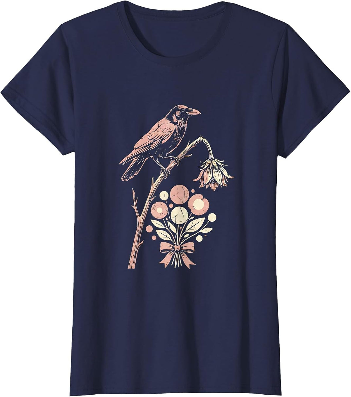 Women's Crow on Dead Flower Stem Gothic Nature Art T-Shirt - Navy Blue