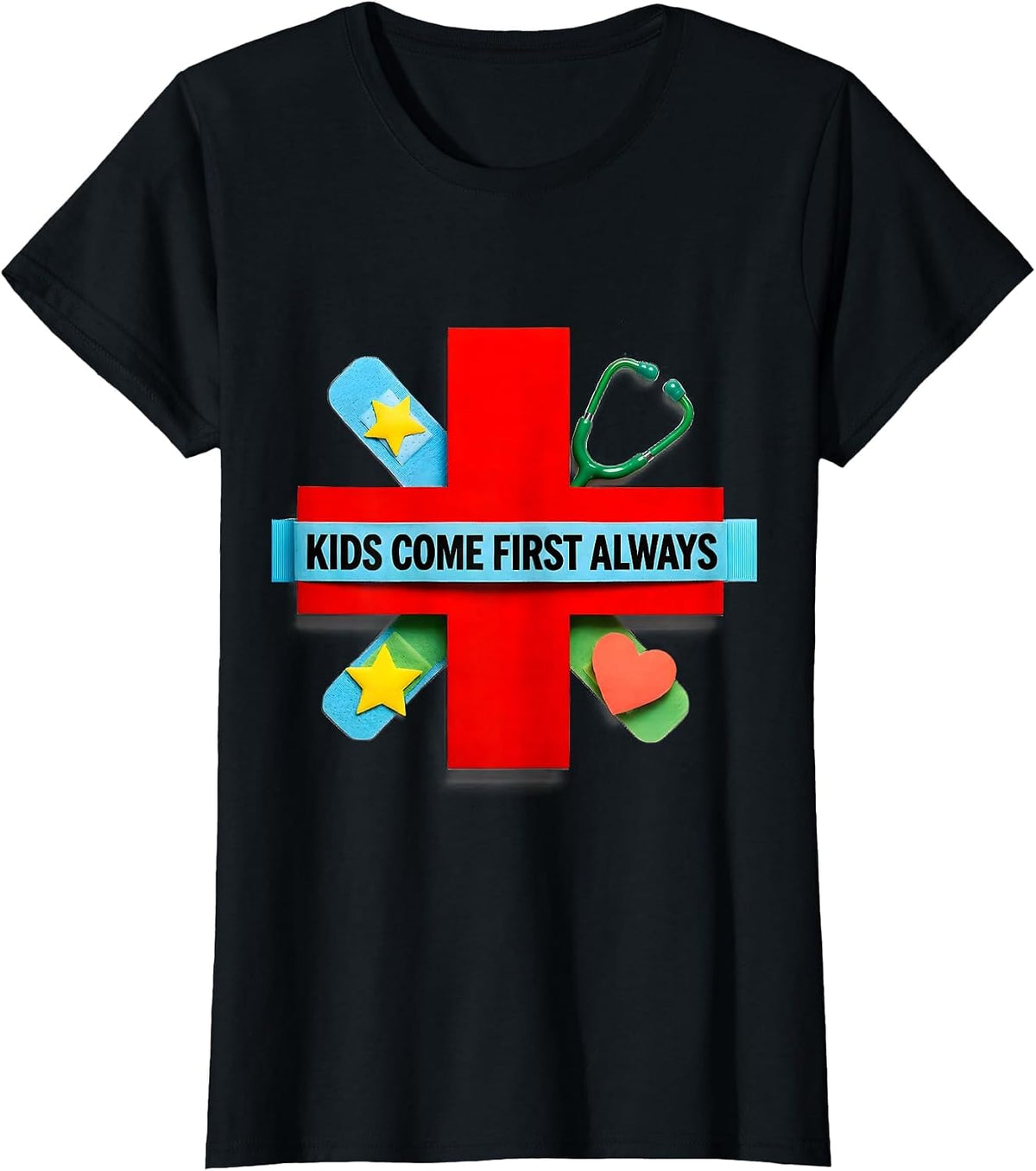 Women's Kids Come First Always School Nurse Design T-Shirt - Black