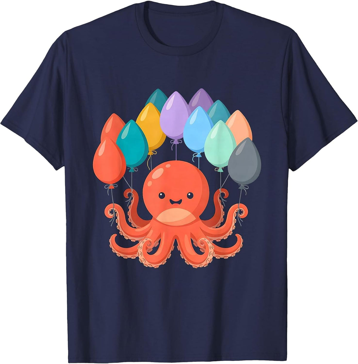 Octopus Birthday Balloon Celebration Graphic T-Shirt - Navy Blue