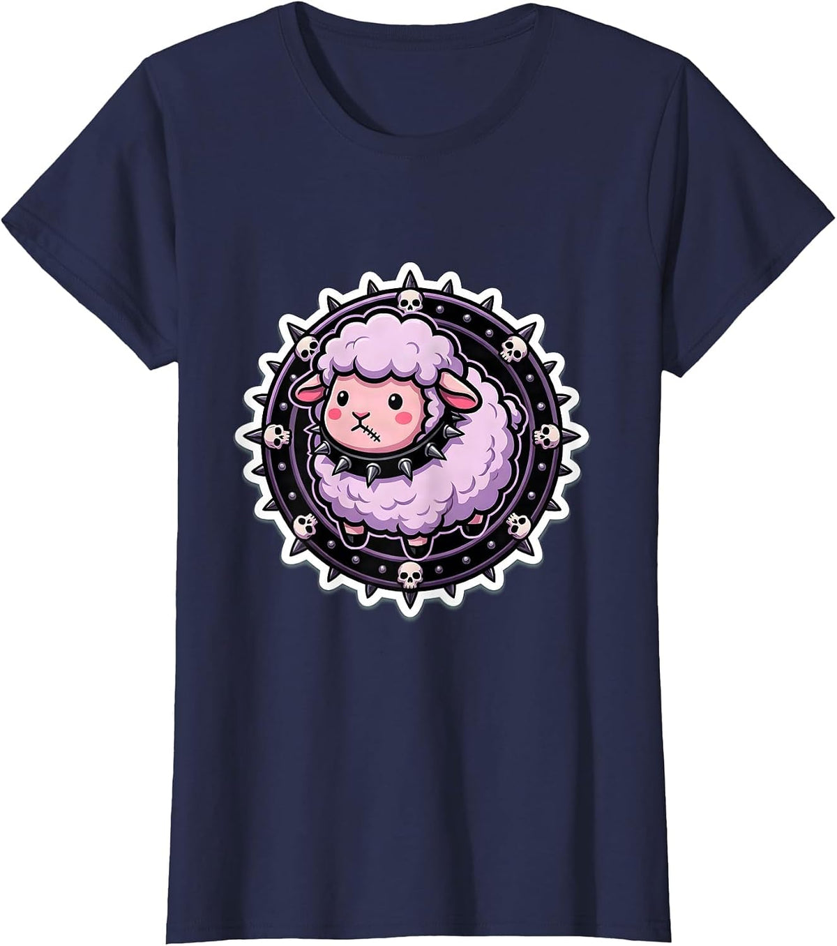Women's Cute But Dangerous Lamb Spiked Collar Graphic T-Shirt - Navy Blue
