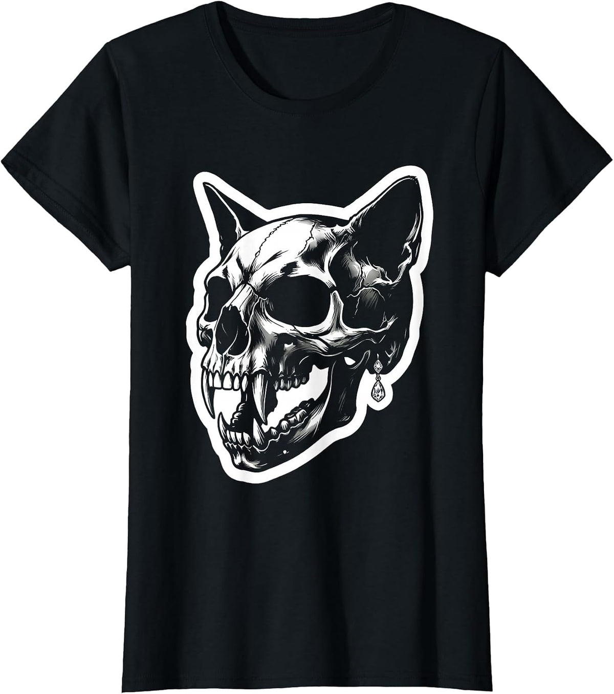Cat Skull Diamond Earring Rock and Roll Graphic T-Shirt - Black