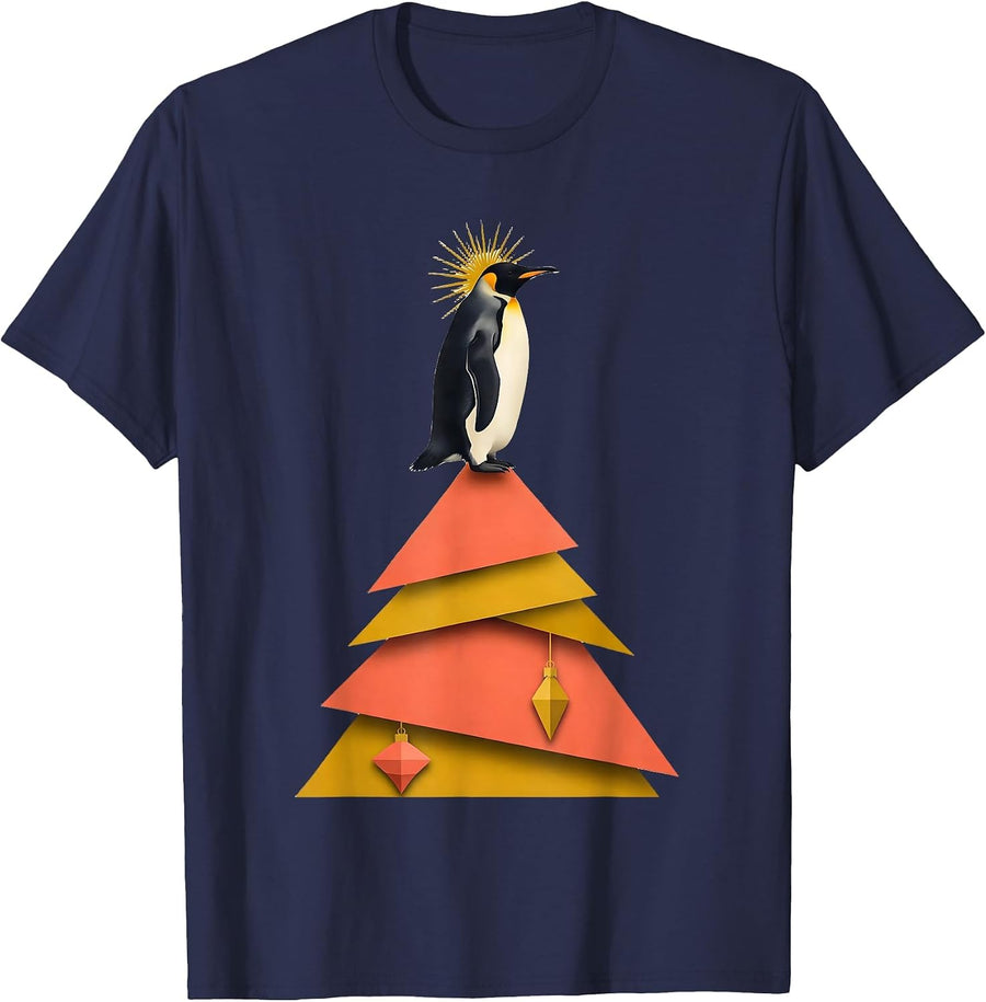 Penguin Christmas Tree Midcentury Modern Holiday Humor T-Shirt - Navy Blue