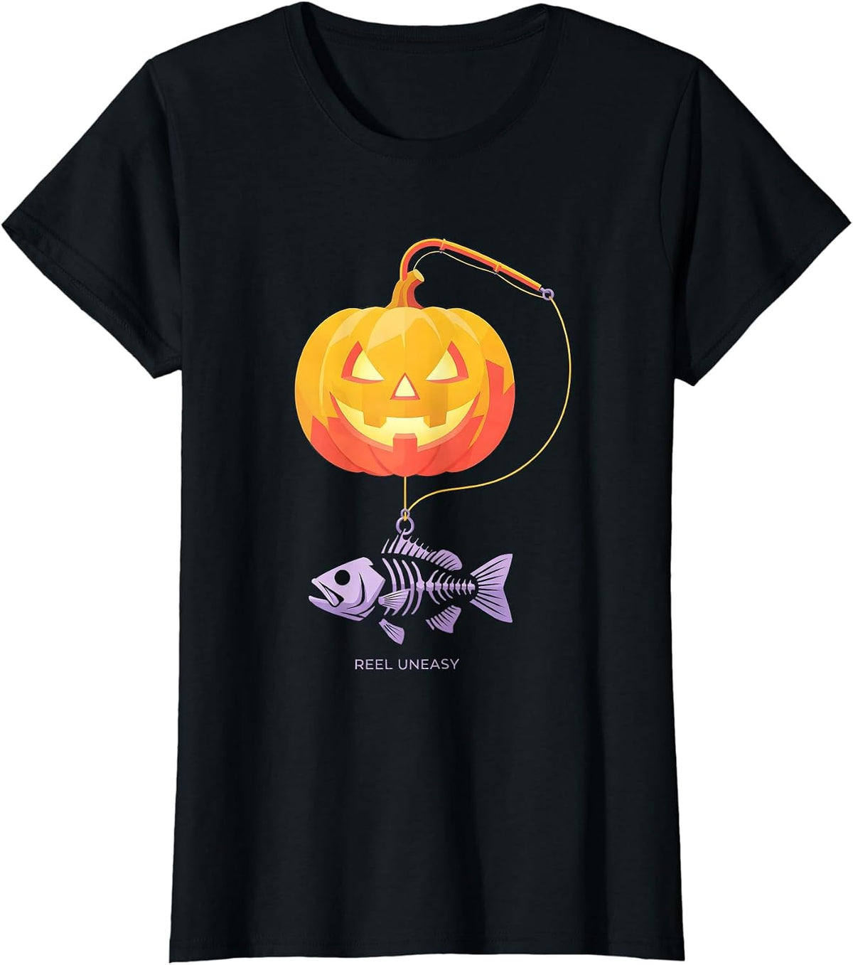 Reel Uneasy Flat Vector Spooky Halloween Fishing Gift T-Shirt - Black