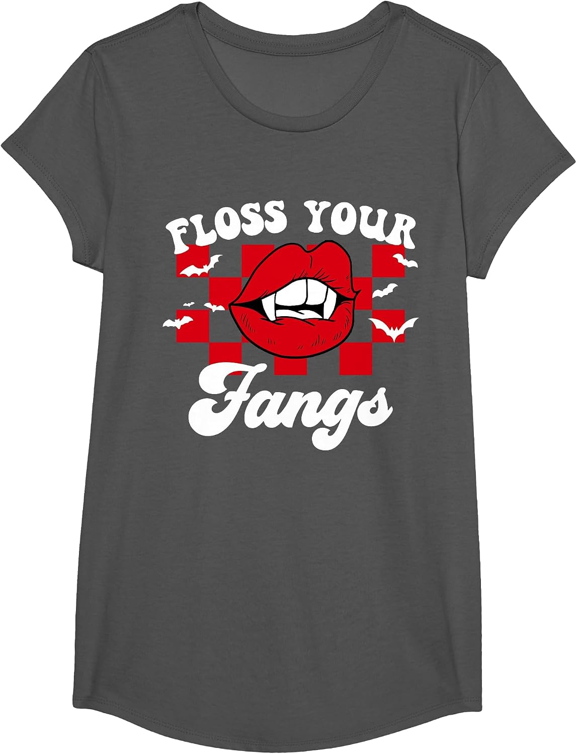 Floss Your Fangs Dental Hygienist Assistant Tech Halloween T-Shirt - Girls Asphalt Grey