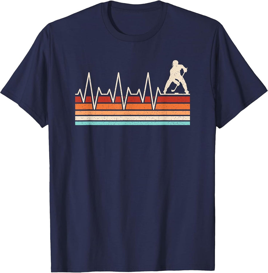 Ice Hockey Heartbeat Retro Hockey Player Men Boys Kids T-Shirt - Navy Blue