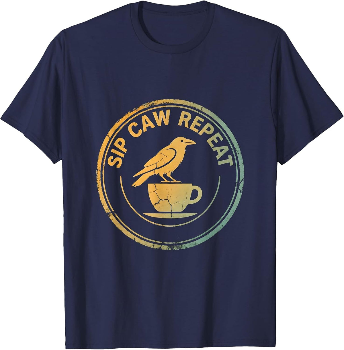 Men's Sip Caw Repeat Funny Crow Coffee Design T-Shirt - Navy Blue