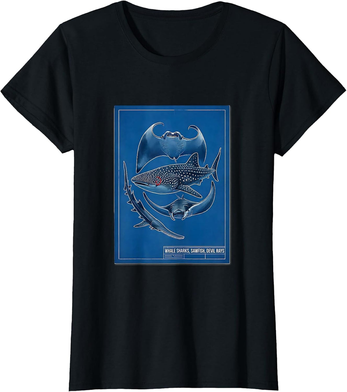 Whale Sharks Sawfish Devil Rays Technical Blueprint Marine T-Shirt - Black