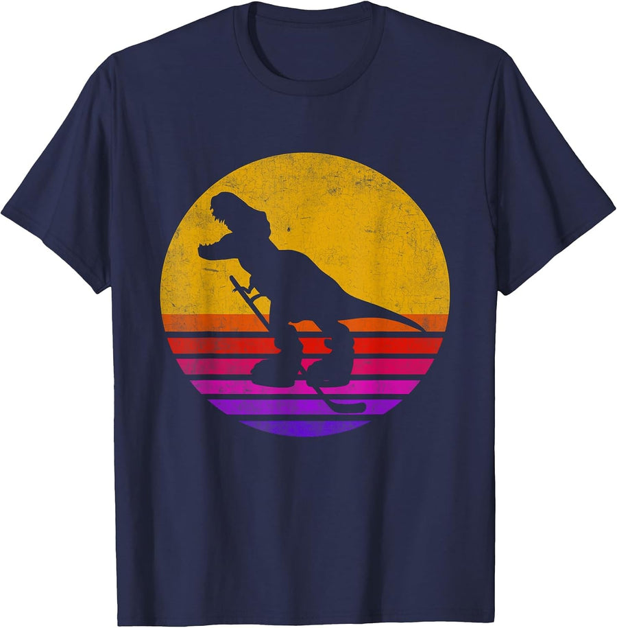 Retro Vintage Dinosaur Ice Hockey T-Rex T-Shirt - Navy Blue