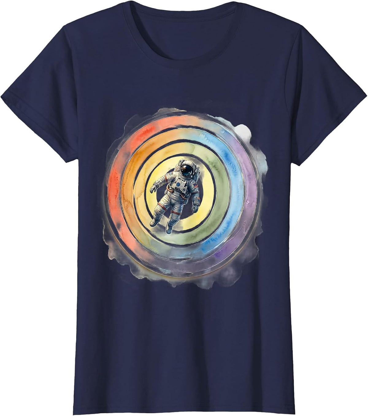 Women's Astronaut Floating Through Rainbow Rings T-Shirt - Navy Blue