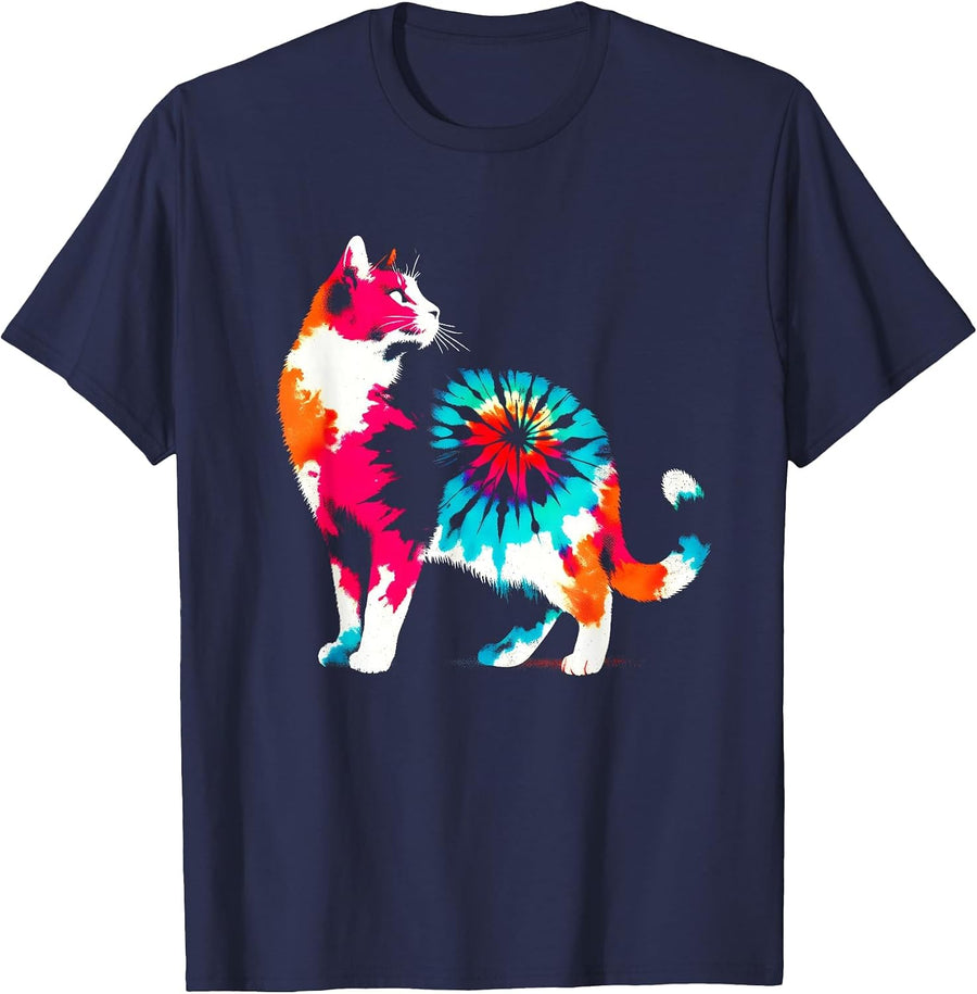 Calico Cat Tie Dye - Vintage Colorful Cat Kitten Lover T-Shirt - Navy Blue
