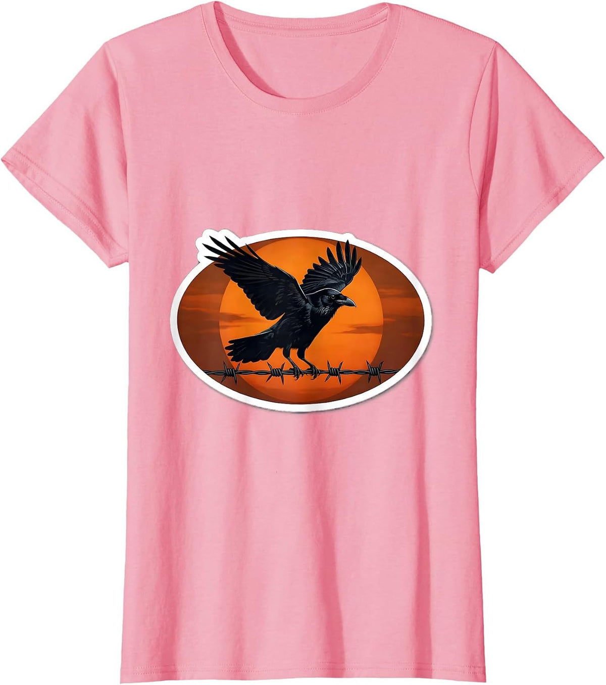 Women's Lone Crow on Barbed Wire Dusk Silhouette T-Shirt - Pink